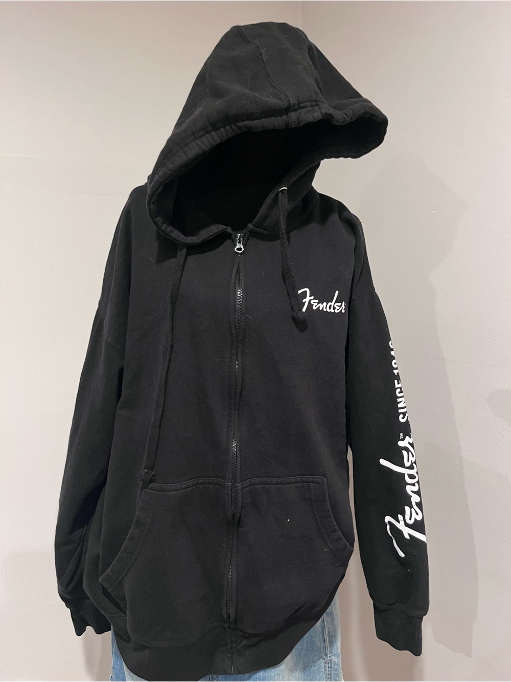 Fender Black Hooded Zip-Up Jacket with Sleeve Script XXL